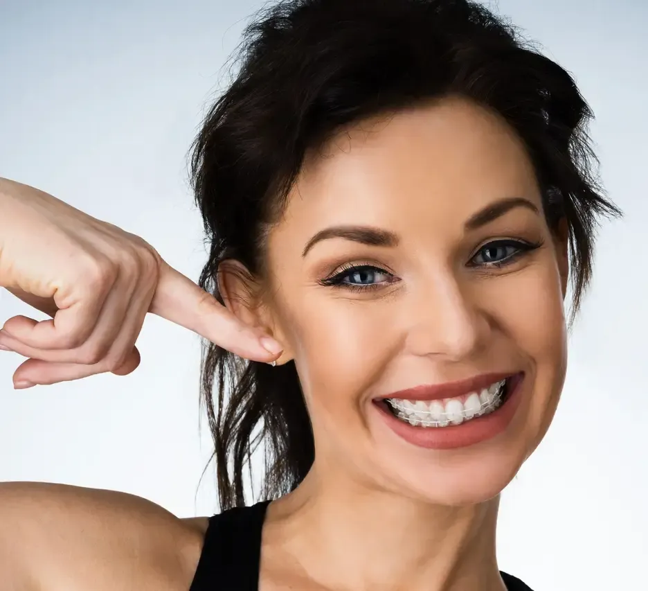 Close-up of clear braces on teeth