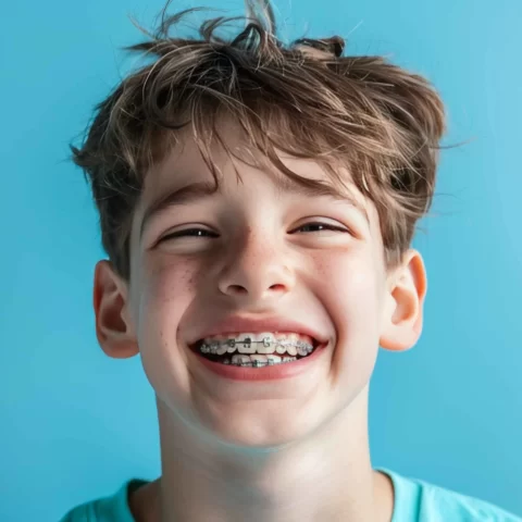 Boy smiling gently with braces