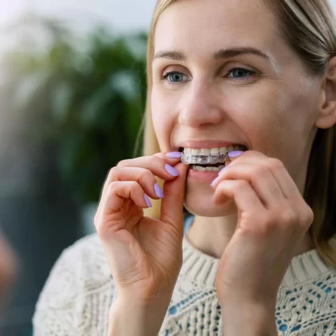 Women wearing clear aligners, smiling confidently.