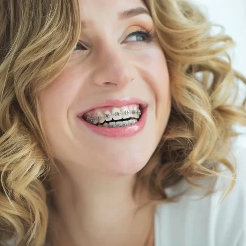 Close-up of a woman smiling, showing her braces.